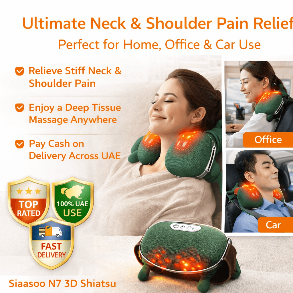 Woman relaxing with the Siaasoo N7 3D Shiatsu neck massager UAE for pain relief at home, office, and car.