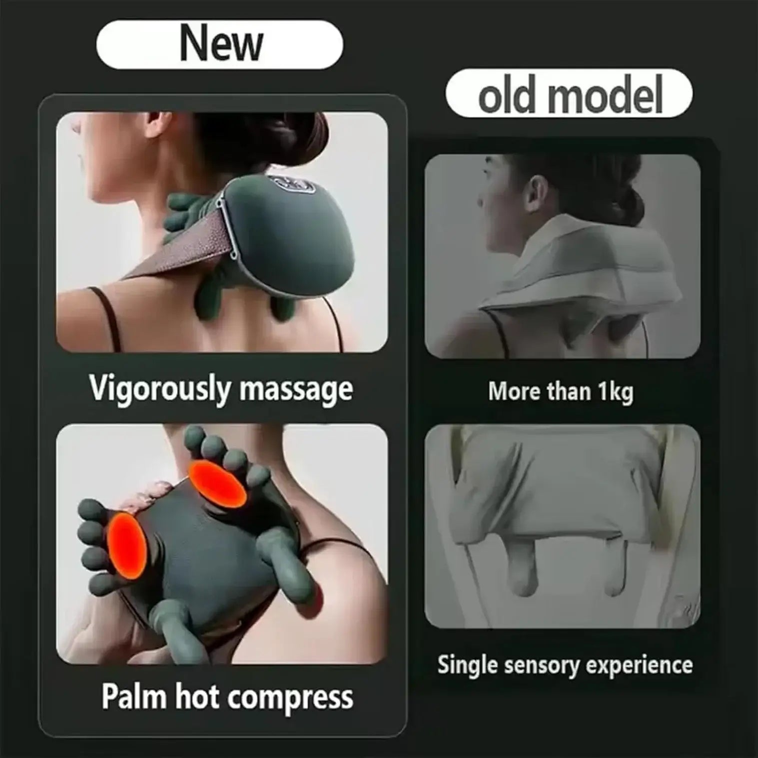 Comparison of new and old models of neck massager UAE, showcasing features like vigorous massage and palm hot compress.