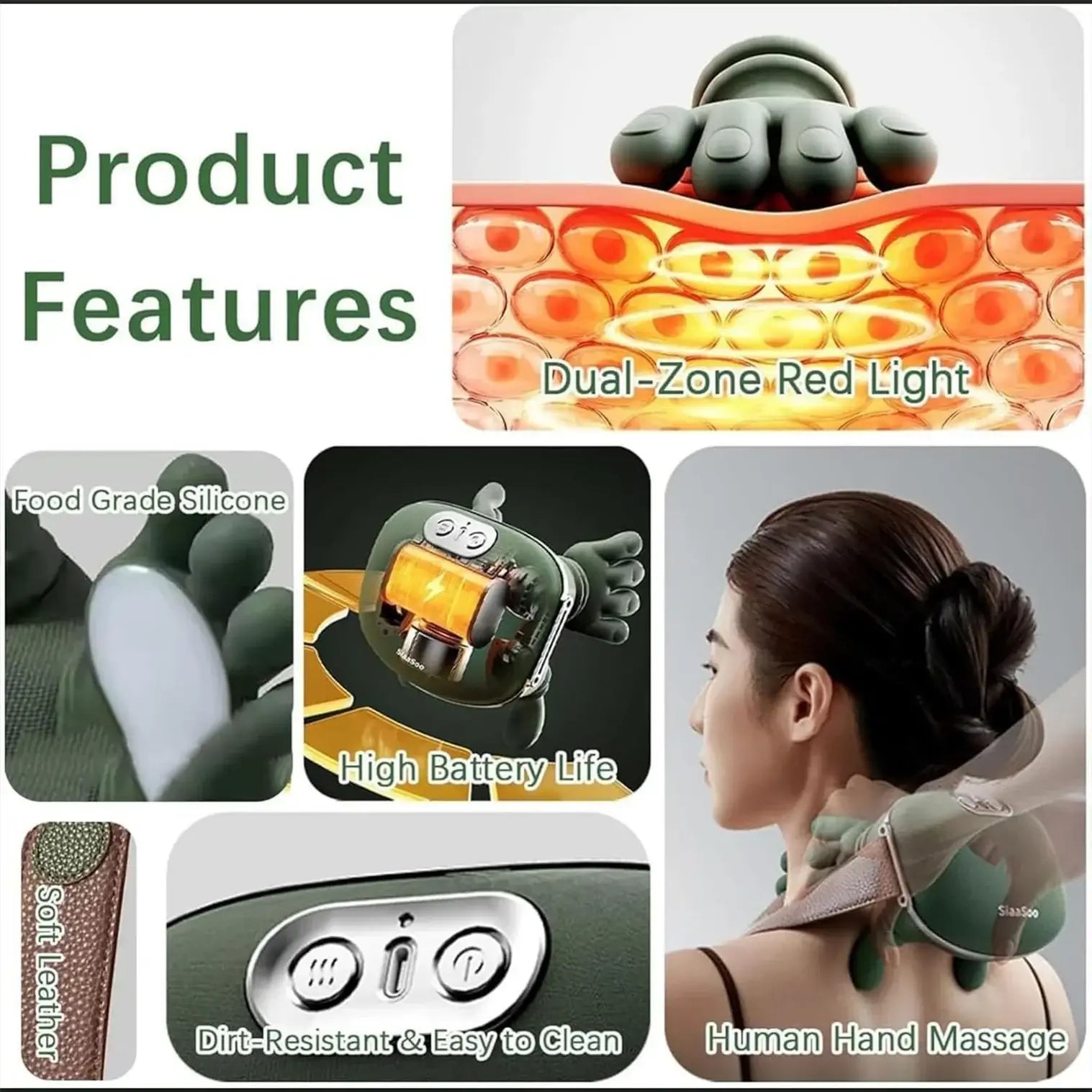 Product features of 3D Shiatsu Neck Massager UAE including dual-zone red light, food grade silicone, and human hand massage.