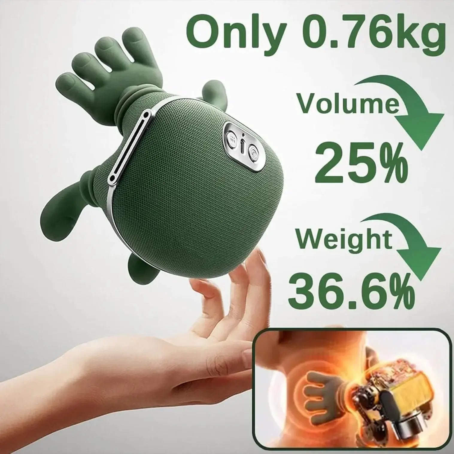 3D neck massager UAE with ergonomic design showcasing volume and weight reduction features.